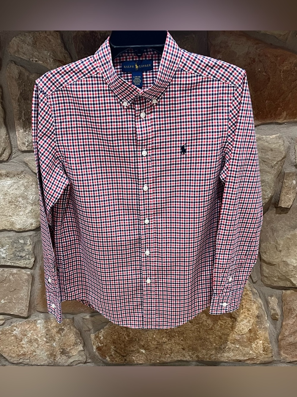 Ralph Lauren Button Down Shirt Youth Boy's 14/16 Red White Blue Checks Pony Logo